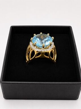 925 Sterling Gold Vermeil Blue Topaz Diamond Halo Ring Size 8 Statement Ring